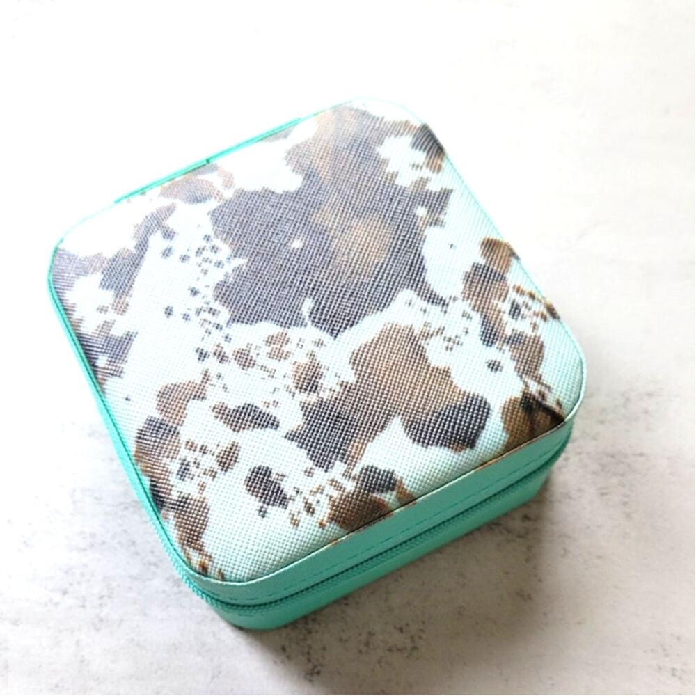 Brown Turquoise Cow Print Square Jewelry Case